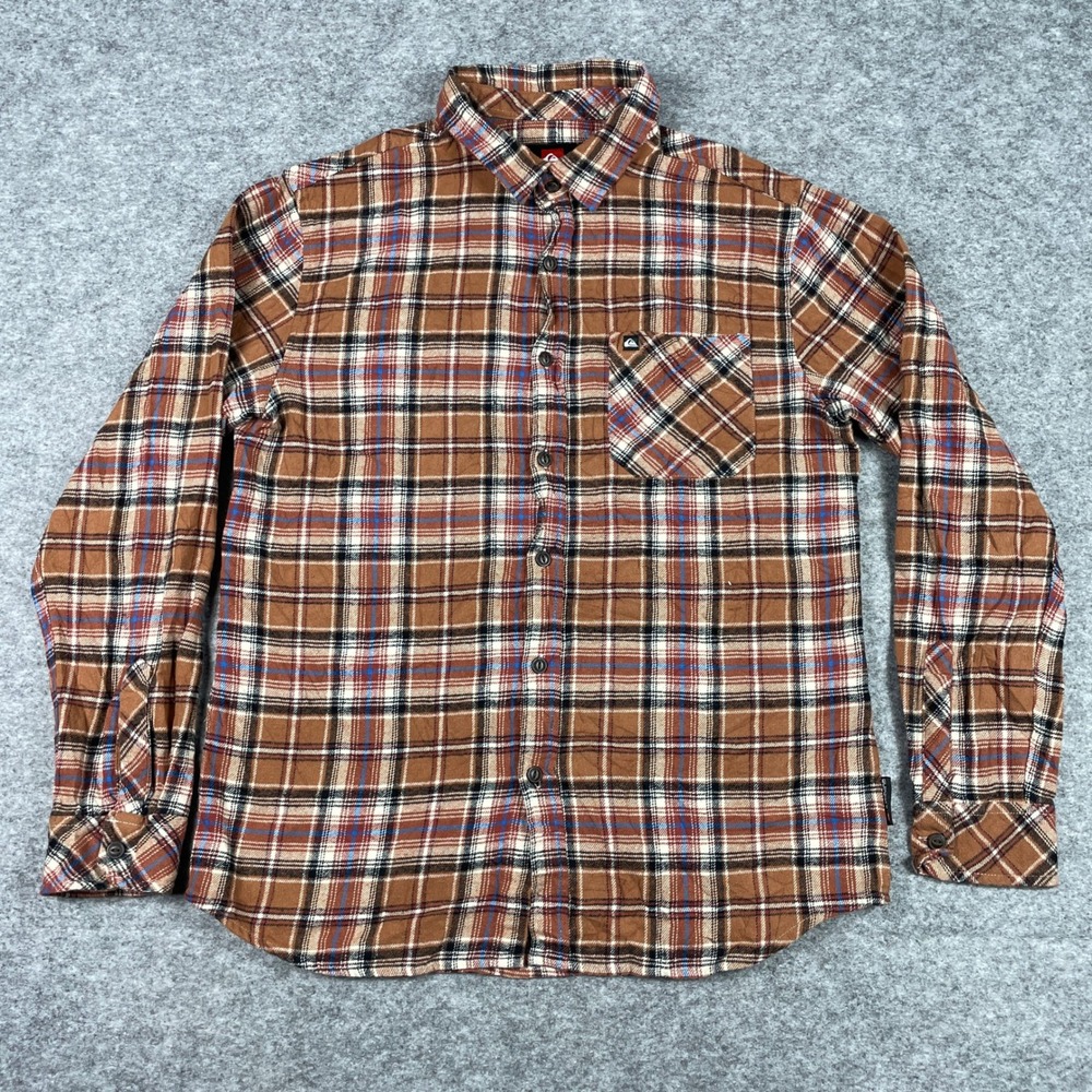 Quiksilver Flannel Shirt Mens M Brown Rawhide Plaid Surf Skate Button Down